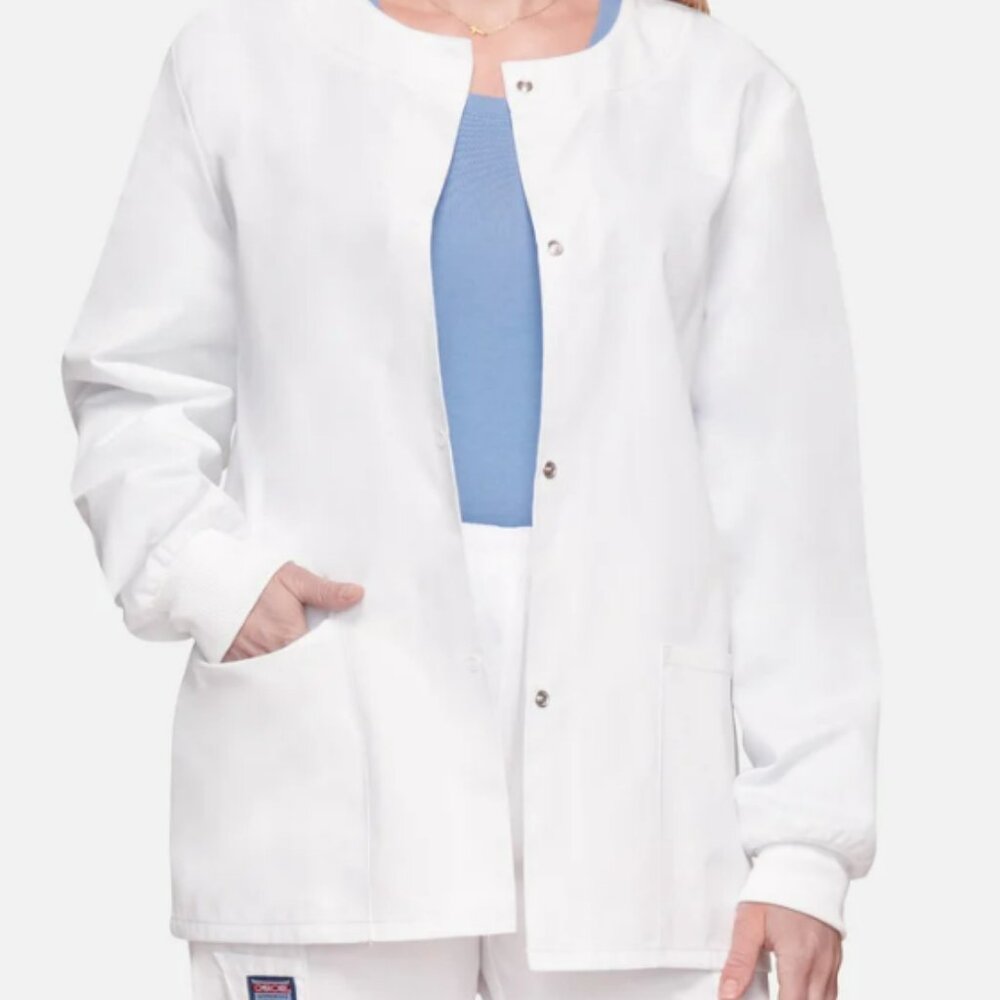 Cherokee Workwear Originals Long Sleeve Snap Front Solid Scrub Jacket in White